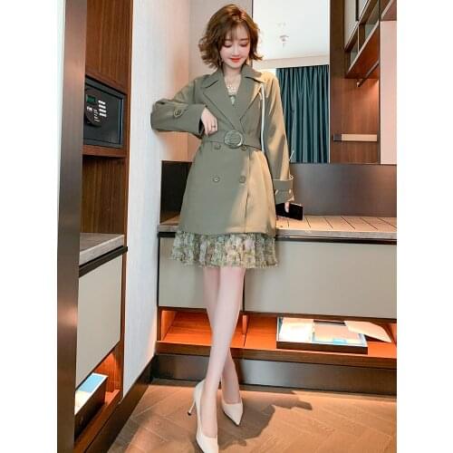 Belt waist lapel windbreaker jacket + lace polka dot dress two-piece female 2020 autumn new