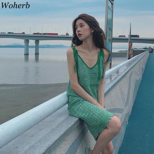 Woherb Sexy Sleeveless Camis Dress Spaghetti Strap Green Hollow Midi Vestido Summer Knit Holiday Ropa Elegant Vestidos Mujer