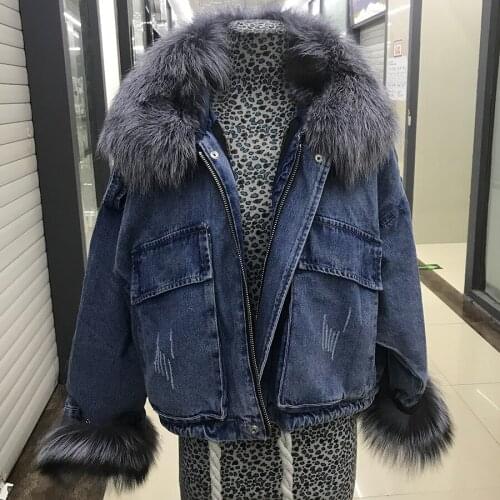 Fashion Casual Fur Coat Real Rabbit Fur Lined Silver Fox Fur Collar Cuffs Women Autumn Winter Warm Fur Denim Jacket