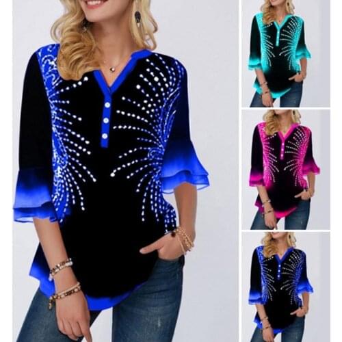 Women Blouses 2020 Fashion Plus Size Women Floral Print Button V Neck Long Puff Sleeve Loose T-Shirt Blouse