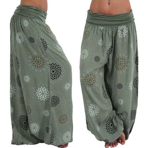 2020 New Women Fashion Boho Wide Leg Women Pant Casual Floral Printing Loose Pant Vintage Pilates Elastic Waist Trouser