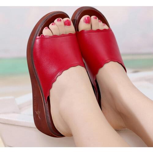 Plus Size 33-43 Open Toe Split Leather Platform Shoes Summer Slippers Woman 2021 Medium Heel Wedges Slides Women Beach Slipper