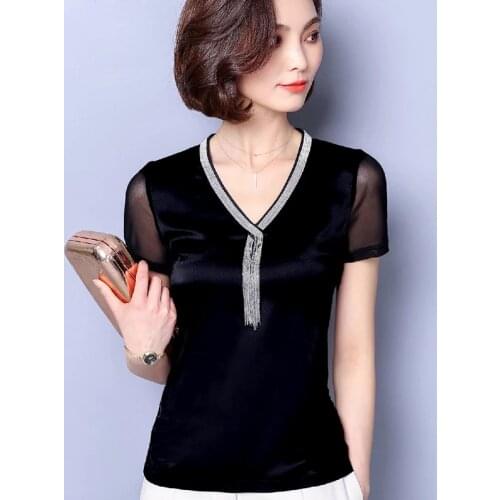 Women Spring Summer Style Mesh Patchwork Blouses Shirts Lady Casual Short Sleeve V-Neck Tassel Decor Blusas Tops DD8145