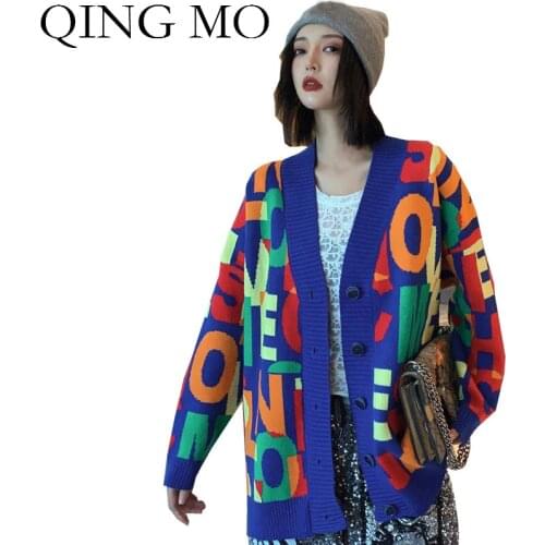 QING MO Large Size Women Fashionable Cardigan Sweater 2021 Autumn Women Colorful Letter Sweater Female Knitted Sweater ZQY4994