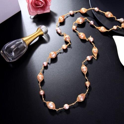 Kissme Unique Baroque Real Cultured Pearl Charms Long Necklaces For Women Gold Color Brass Handmade Necklace New Fashion Jewelry
