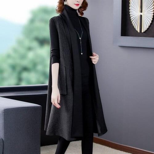 Spring Autumn Women Long Vest Jacket 2021 New Plus Size Korean Temperament Striped Cardigan Loose Sleeveless Woolen Coat aq227