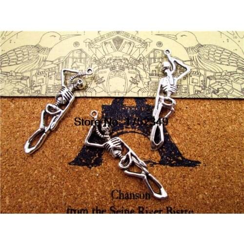 15pcs Skeleton Charms,Antique Silver Skeleton Hanging on Rope Charm Pendants 12x42mm