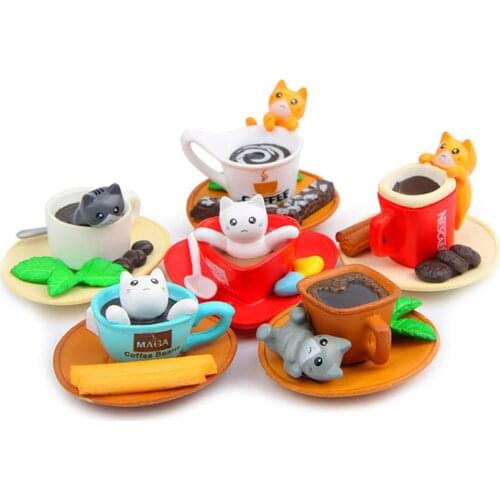 6Pcs/Set Figurine Coffee Cup Toast Cats Figurines Crafts Miniature Fairy Garden DIY Landscape Decor