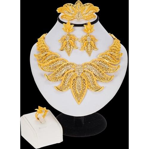 African Jewelry Sets Fashion gold Leaves Shape Crystal Necklace Bracelet Ring Earring Bridal Wedding Jewelry Accessories