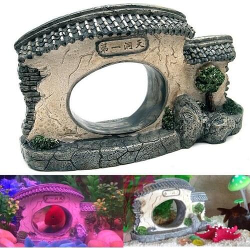 Chinese Style Yard Gate Door Fish Tank Aquarium Resin Cave Hideout Stone Decor