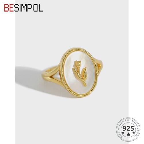 Besimpol Real 925 Sterling Silver Tulip Ring Elegant Geometric Oval Shell Adjustable Rings For Women Luxury Fine Jewelry Gifts