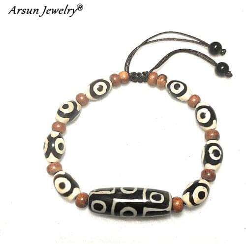 Tibet agate 9 eyes Fengshui DZI black and white old color 3 eyes beads Adjustable woven bracelet men&women jewelry Free Shipping