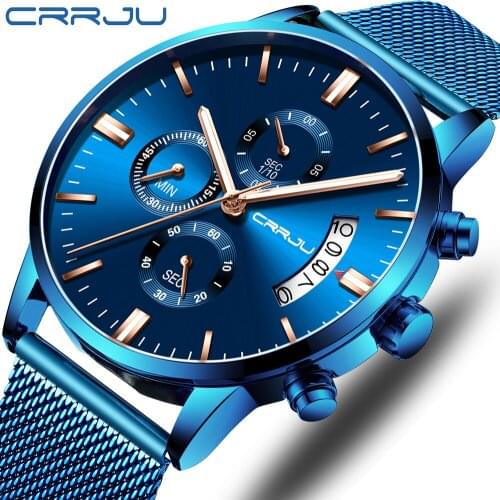 Top Brand Luxury CRRJU New Mesh Watch Fashion Simple Blue Quartz Wristwatch Casual Multi-function Chronograph Date Display Watch
