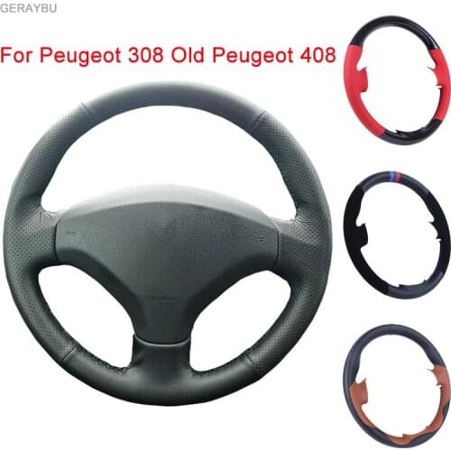 GERAYBU Custom DIY Black Leather Hand-sewn Car Steering Wheel Cover For Peugeot 308 Old Peugeot 408 Breathable Wear-resistant