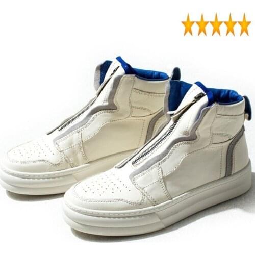 Mens Fashion 2021 High New Top Trainers Genuine Leather Shoes White Zip Casual Flats Harajuku Male Hip Hop Luxury Brand Sneakers