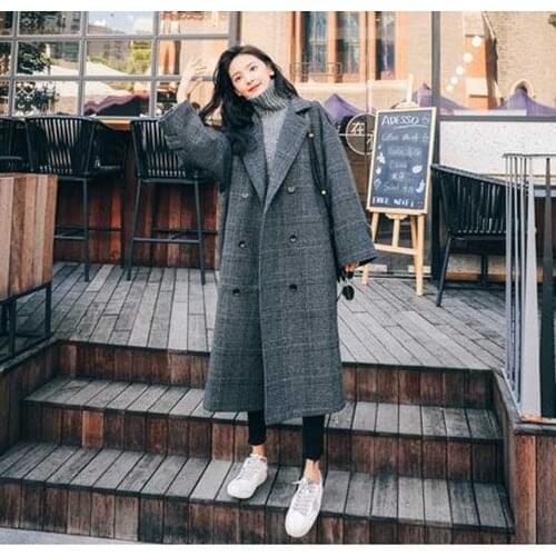 Classic Plaid Woolen Coat Womens Mid-length Korean Elegant Long Double Breasted Womens Winter Clothing Blends for Ladies 2021