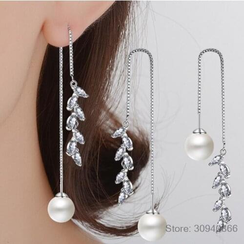 Trendy Leaf Shaped Long Line Earring Jewelry Cubic Zirconia CZ New Fashion 925 Silver Female Earring Accessory Drop