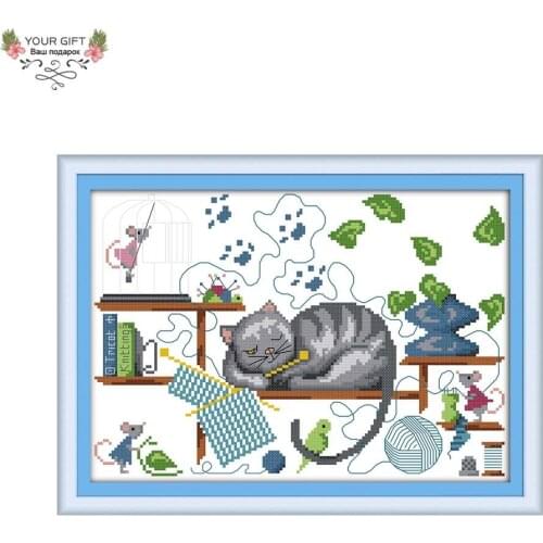 Joy Sunday C605 Counted and Stamped Home Decor Knitting Cat Needlework Needlepoint Embroidery DIY Cross Stitch kits