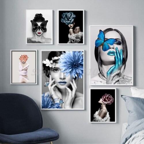 Floral Feather Butterfly Sexy Woman Nordic Modern Wall Picture For Living Room Fashion Canvas Painting Print Poster Home Decor