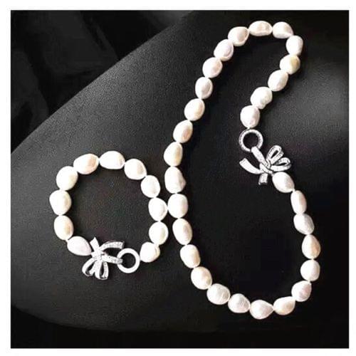 Natural Freshwater Pearl Irregular shaped 11-12MM Beautiful Bowknot Silver Plated Necklace 19"Bracelet 8" Set