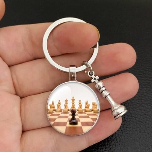 New/Chess Keychain Chessboard Chess Piece Glass Dome Pendant Car Keychain Ring Chess Lovers Gift