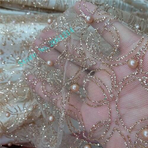 New design gold color glued glitter sequins French lace fabric with beads BZL-26910 African tulle embroidery party dress