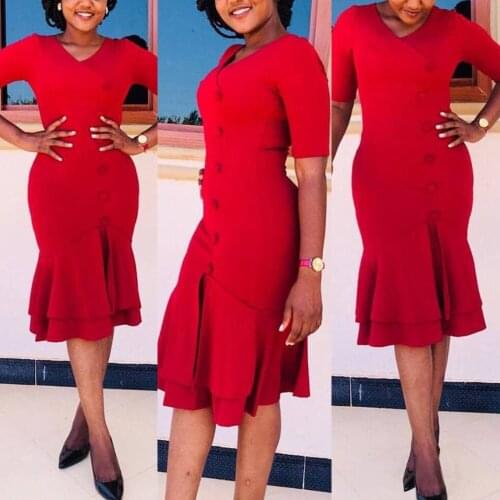 2021 Spring Summer African Women Dress Short Sleeve Midi Dresses Africa Office Clothes Plus Size Bazin Riche Robe Africaine