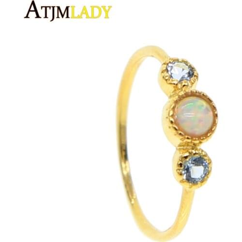 Simple three stone design little blue white fire opal wedding rings delicate fashion jewelry Classic women three stone ring