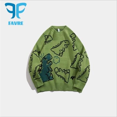 FAVRE Dinosaur Cartoon Pullover Knitted Sweater Men Harajuku Fashion Hip Hop Streetwear Oversized Casual Couple Sweaters