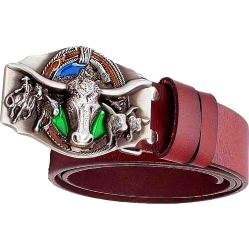 Fashion men belt cowskin west cowboy belt Genuine Leather belt bull head skull cow head buckle belt gift man cowhide leather