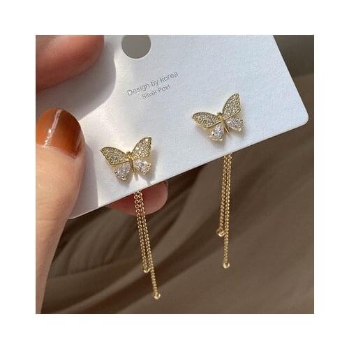 Luxury Simple Butterfly Metal Rhinestone Gold Color Earring for Women Tassel Crystal Long Drop Earring Wedding Party Jewelry