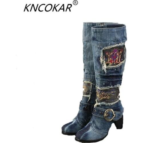 The new canvas shoes high heel side zippers high boots denim wash water thick with antiskid Martin boots