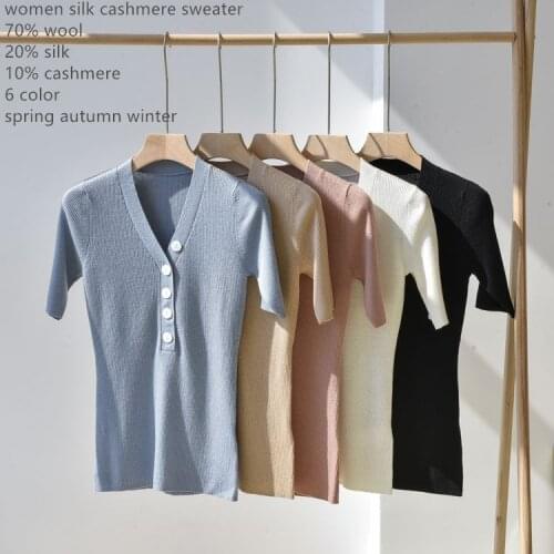 Naizaiga wool silk cashmere blending U-shape neck short sleeve slim women spring sweater girl office ladies pullovers PRFS131