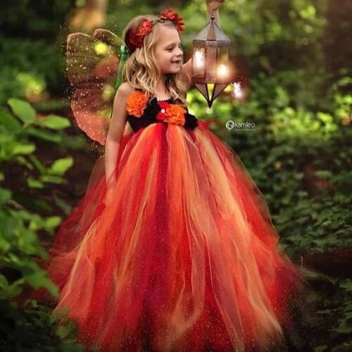 Girls Orange Flower Fairy Tutu Dress Kids Halloween Tulle Dresse Ball Gown with Butterfly Wing Child Cosplay Costume Party Dress