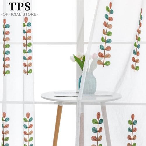 TPS Multi Color Leaves Embroidered Tulle Curtains Window Kitchen Curtains for Bedroom Living Room Voile Curtains for the Room