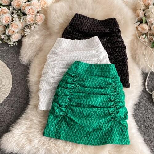 Green Short Skirts for Women Summer 2021 Korean New Back Zipper Casual Folds High Waist A Line Mini Skirt Black White