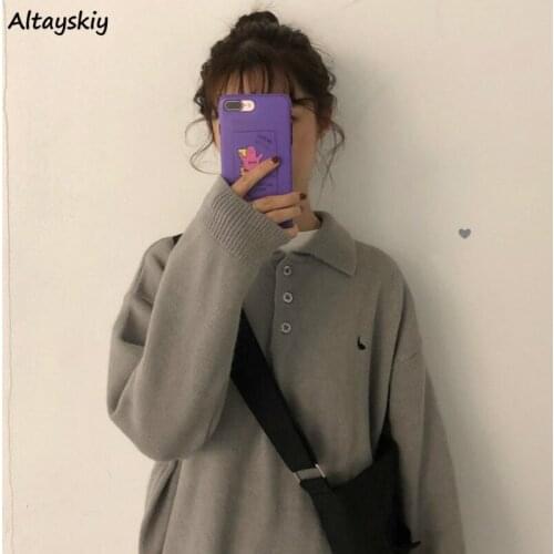 Pullovers Women Turn-down Collar All Match College Button Cartoon Lovely Female Korean Style Fashion Thicker Soft Warm Loose Ins