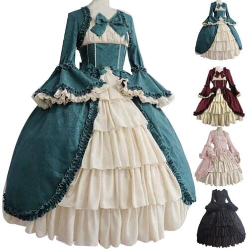 50%HOT Lady Retro Square Neck Tight Waist Bowknot Medieval Dress Cosplay Party Costume