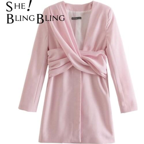 SheBlingBling Za 2021 Knot Ruched Mini Dress Women Vintage Long Sleeve Office Dresses Woman Front Button Elegant Summer Dress