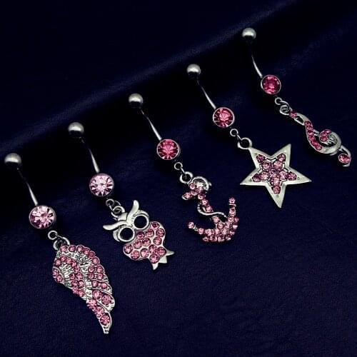 5pcs 2019 new arrivals pink rhinestone wings owl anchor star note dangling navel belly bar button rings body piercing jewelry