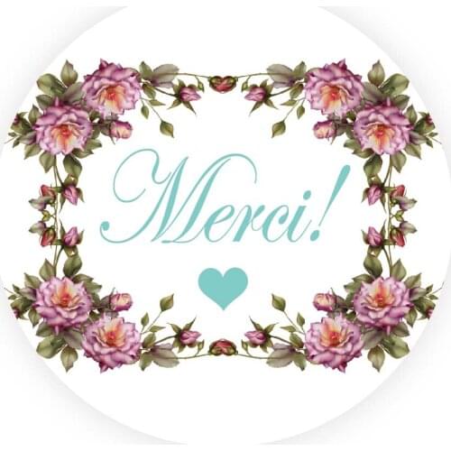 DouxArt 100pcs 40mm Stickers Seals Merci with Heart, Garland Wedding Engagement Anniversary Party nvite Gift Labels V1172