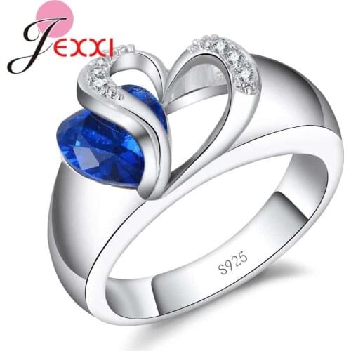 Elegant Heart Ring with Wide Band Fashion 925 Sterling Silver Brand Jewlry Shiny Blue Crystal Double Heart Bague for Lady