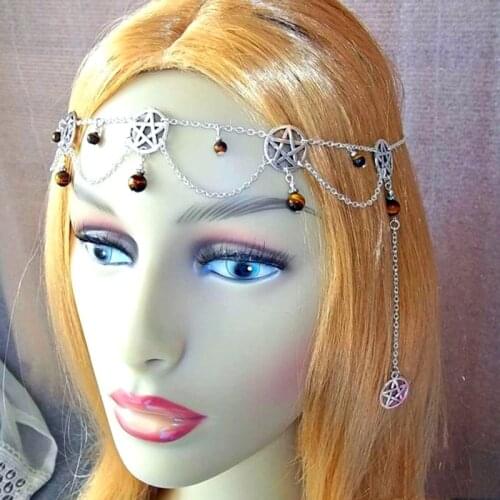 Hot Gothic Magic Pentagram Hair Jewelry for Women Silver Color Head Chain Pagan Witchcraft Tiger Stone Headband VGH011