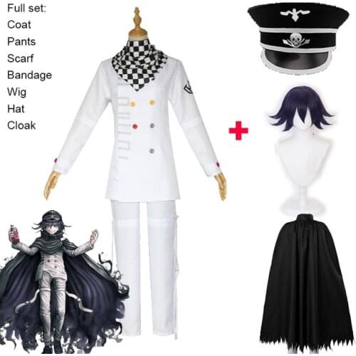 7PCS New Danganronpa V3 Kokichi Oma Cosplay Costume President Oma Cosplay Wig Cloak and Hat Halloween Carnival Party Costumes