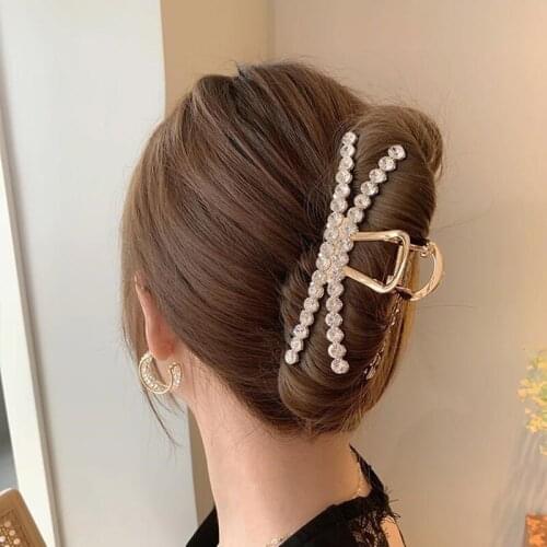Beauty Long Hair Claw Clip Glittery Metal Updo Hair Jaw with Rhinestone & Bead Elegant Shower Hair Clamps for Girls Women ML