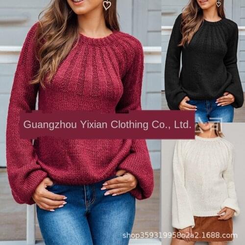 Hot Sale Womens Sweater Solid Color Long-sleeved Pullover Pleated Sweater Womens Street Casual Style Knit Sweater