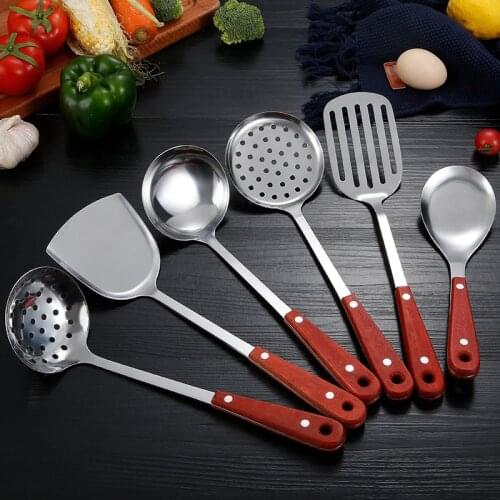 Red solid wood handle stainless steel spatula kitchen supplies thick anti-scald insulation kitchen set shovel