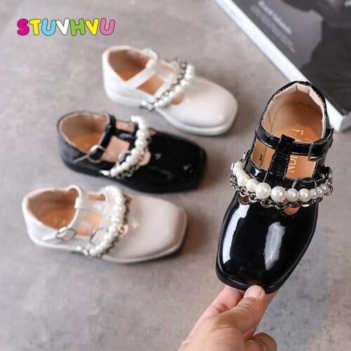 Fashion Leather Children Shoes Pearl Chain Princess Girls Shoes Casual Non-slip Soft Bottom Comfortable Kids Shoe White Black