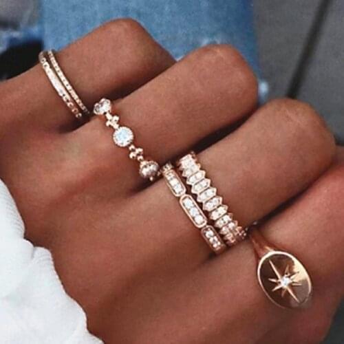 Fashion 6 Pcs/Set Women Finger Ring Sets 2021 Sweet Crystal Star Compass Bohemia Charm Ring Sets For Women Party Jewelry Gift