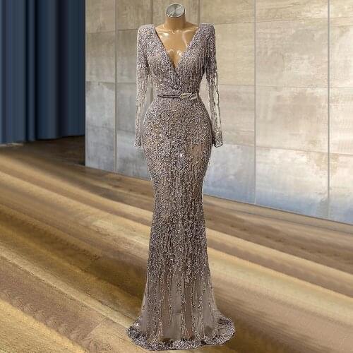 High End Deep V Neckline Long Sleeves Tassels Formal Dress Women Elegant Fishtail Mermaid Net abiti da cerimonia donna